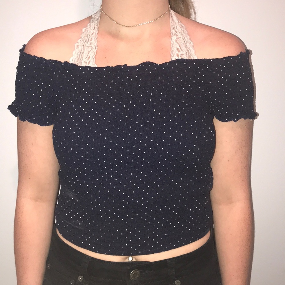 Navy and White Off the Shoulder Crop Top